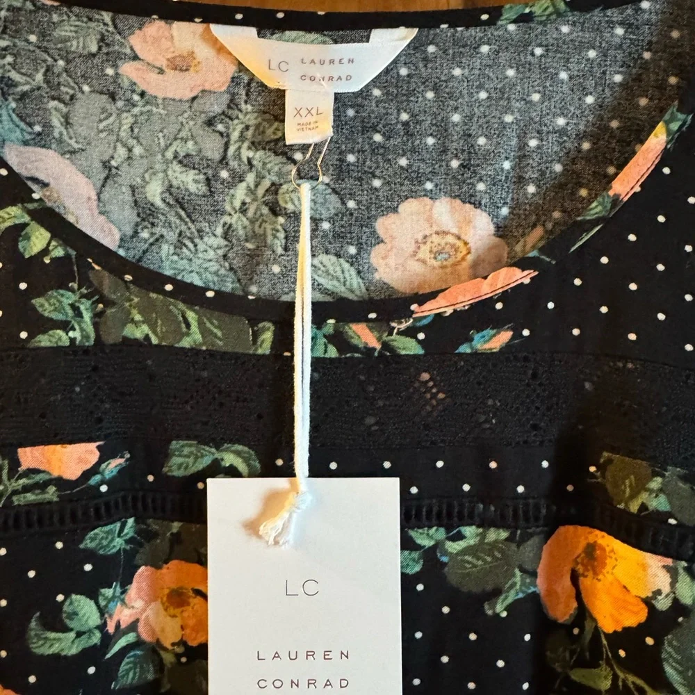 LC LAUREN CONRAD ~ Boho Horizons Black Floral Polka Dot ~ Drawstring Waist ~ XXL - Picture 4 of 9